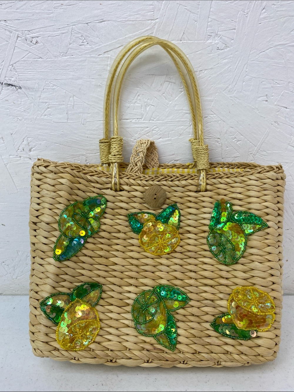 Straw Sequin Fruit Tote Bag – Natural with Green & Yellow Accents